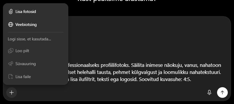 ChatGPT plussnupu menüü on avatud. Selle ülaosas on valik Lisa fotosid.